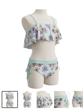 Limeapple Girls Ruffle Square Neck Bikini Swim Set Floral Stripe 16 EUC
